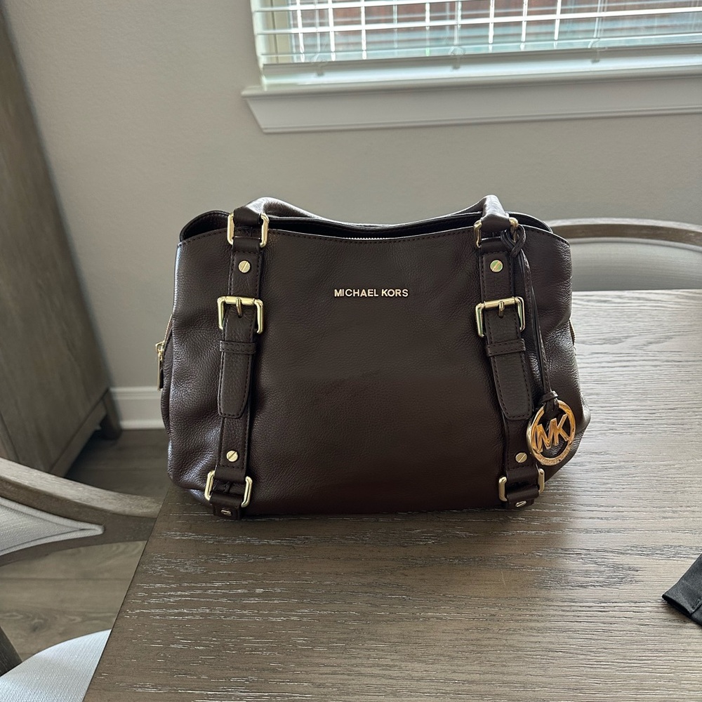Michael Kors Dark Brown Pebbled Leather Shoulder Bag with Gold Hardware
